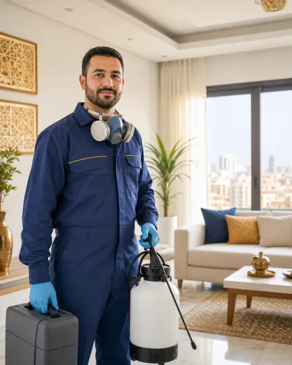 فني مكافحة حشرات بزي العمل ومعدات الأمان داخل شقة مصرية